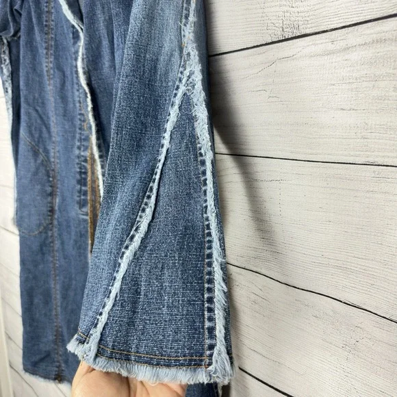 Vintage Y2K Long Denim Jacket Open Frayed Seams Bell Sleeve Women's Large Retro - Picture 4 of 8